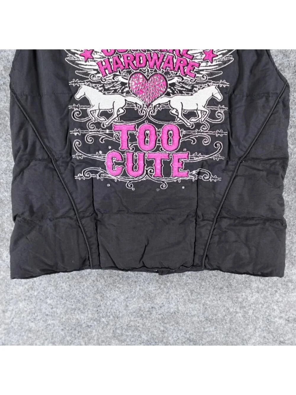 Cowgirl Hardware Puffer Vest Womens S Black Too Cute Embroidery Heart Rhinestone